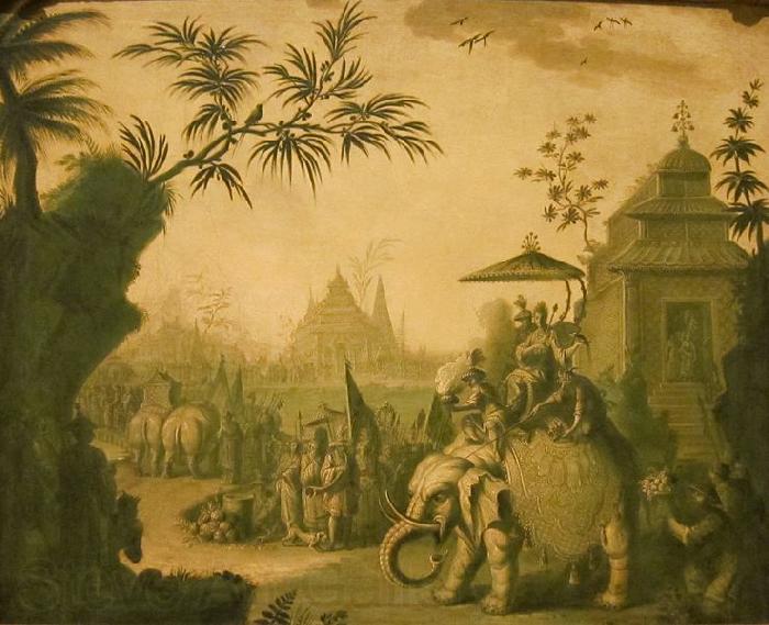 Jean-Baptiste Pillement A Chinoiserie Procession of Figures Riding on Elephants with Temples Beyond France oil painting art